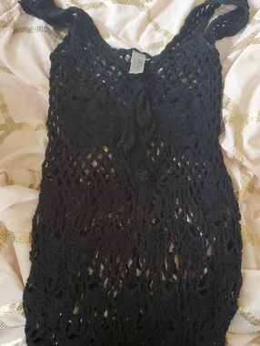 Black Open-Knit Crochet Tank Dress with Floral Motifs